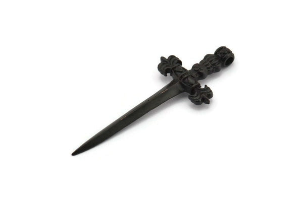 Black Knight&#39;s Sword Pendant, 2 Oxidized Brass Black Sword Charms (44x17mm) N0404 S575