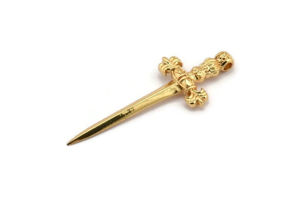 Gold Sword Charm, 2 Gold Plated Knight&#39;s Sword Charms With 1 Hole (44x17mm) N0404 H0998