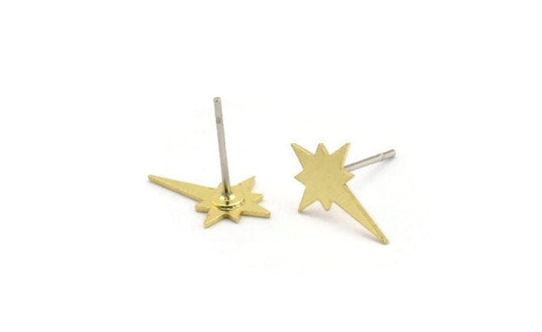 Brass North Star Earring, 12 Raw Brass Pole Star Shaped Stud Earrings (13x9x0.60mm) A4173