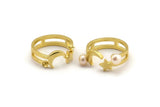 Brass Moon Ring, 2 Raw Brass Crescent Moon And Star Shaped Rings With Pad For 5.5mm Pearl N2157