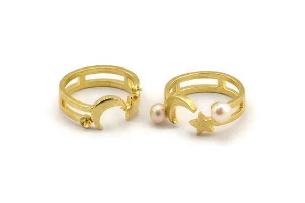 Brass Moon Ring, 2 Raw Brass Crescent Moon And Star Shaped Rings With Pad For 5.5mm Pearl N2157