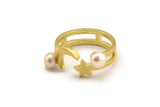 Brass Moon Ring, 2 Raw Brass Crescent Moon And Star Shaped Rings With Pad For 5.5mm Pearl N2157