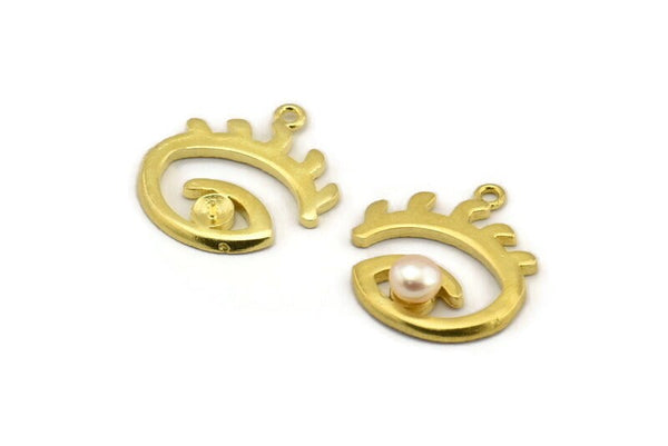 Brass Eye Charm, 4 Raw Brass Eye Shaped Charms With 1 Loop, Pad For 5.5mm Pearl, Pendants, Earring Findings (22x20mm) N2150