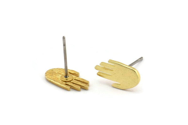 Brass Hand Earring, 12 Raw Brass Hand Stud Earrings (12x7x1mm) N1610