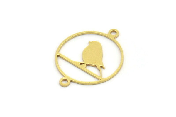 Brass Bird Charm, 24 Raw Brass Bird Patterned Round Shaped Charms With 2 Loops, Brass Connectors (22x17x0.60mm) A4231