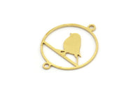 Brass Bird Charm, 24 Raw Brass Bird Patterned Round Shaped Charms With 2 Loops, Brass Connectors (24x19x0.60mm) A4226