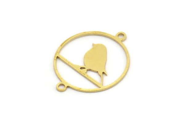 Brass Bird Charm, 24 Raw Brass Bird Patterned Round Shaped Charms With 2 Loops, Brass Connectors (24x19x0.60mm) A4226