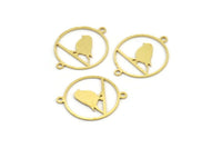 Brass Bird Charm, 24 Raw Brass Bird Patterned Round Shaped Charms With 2 Loops, Brass Connectors (24x19x0.60mm) A4226