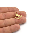 Brass Bird Charm, 24 Raw Brass Bird Patterned Round Shaped Charms With 2 Loops, Brass Connectors (24x19x0.60mm) A4226