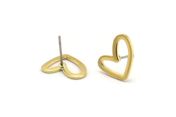Brass Heart Earring, 10 Raw Brass Heart Stud Earrings (11x14x1mm) D1195 A1221