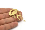 Brass Marquise Charm, 4 Raw Brass Crescent Moon And Star Patterned Charms With 1 Loop, Eye Charms, Fringed Charms (62x33x0.60mm) A4301