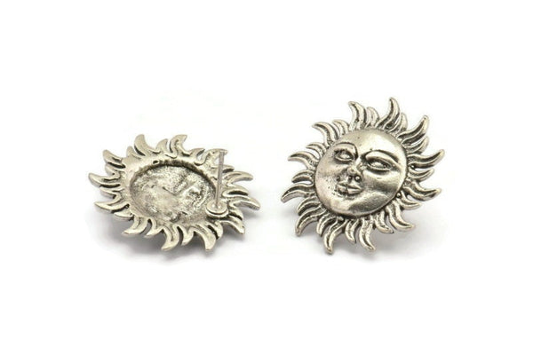 Silver Sun Earring, 2 Antique Silver Plated Brass Sun Stud Earrings, Findings (26x26mm) N2137 H1565