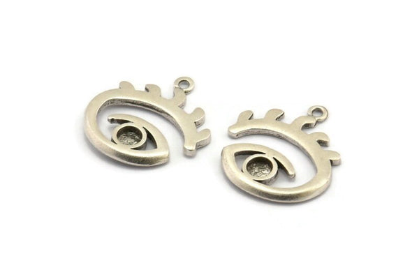 Gümüş Göz Tılsımı, 1 Halka ve 4 mm Pedli 2 Antik Gümüş Kaplamalı Pirinç Göz Şeklinde Tılsım, Kolye Uçları, Bulgular (22x19x1,4 mm) N2147 H1566
