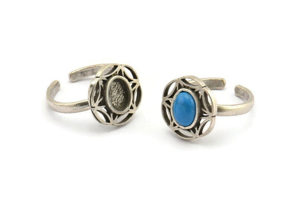 Silver Ring Settings, 2 Antique Silver Plated Brass Flower Rings With 1 Oval Shaped Stone Setting - Pad Size 8x6mm N2098 H1440
