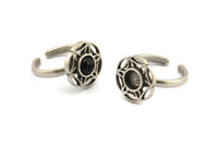 Silver Ring Settings, 2 Antique Silver Plated Brass Flower Rings With 1 Round Shaped Stone Setting - Pad Size 6mm N2097 H1441