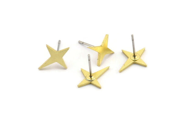 Brass North Star Earring, 12 Raw Brass Pole Star Shaped Stud Earrings (13x11x1mm) A4130