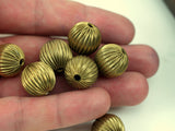 5 Vintage Raw Brass Crimped Textured 16 Mm Round Hollow Beads K464