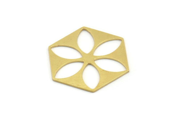 Brass Hexagon Charm, 8 Raw Brass Marquise Patterned Hexagon Shape Charms, Charm Pendants, Blank Findings (31x27x0.80mm) A4187