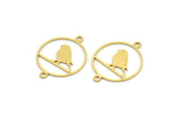 Brass Bird Charm, 24 Raw Brass Bird Patterned Round Shaped Charms With 2 Loops, Brass Connectors (22x17x0.60mm) A4231