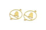 Brass Bird Charm, 24 Raw Brass Bird Patterned Round Shaped Charms With 2 Loops, Brass Connectors (22x17x0.60mm) A4231