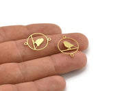 Brass Bird Charm, 24 Raw Brass Bird Patterned Round Shaped Charms With 2 Loops, Brass Connectors (22x17x0.60mm) A4231
