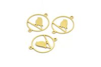 Brass Bird Charm, 24 Raw Brass Bird Patterned Round Shaped Charms With 2 Loops, Brass Connectors (22x17x0.60mm) A4231