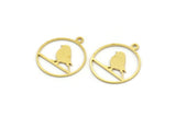 Brass Bird Charm, 24 Raw Brass Bird Patterned Round Shaped Charms With 1 Loop (19x17x0.60mm) A4232