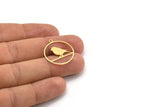 Brass Bird Charm, 12 Raw Brass Bird Patterned Round Shaped Charms With 1 Loop (25.5x23x0.60mm) A4227