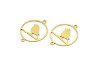 Brass Bird Charm, 24 Raw Brass Bird Patterned Round Shaped Charms With 2 Loops, Brass Connectors (24x19x0.60mm) A4226