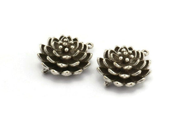 Silver Flower Charm, Antique Silver Plated Brass Flower Charm With 2 Loops, Findings (18x10mm) N1231