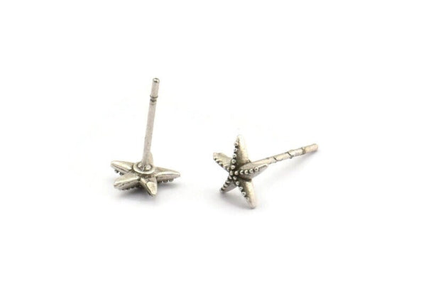 Silver Starfish Earring, 12 Antique Silver Plated Brass Starfish Stud Earrings (7mm) N1176