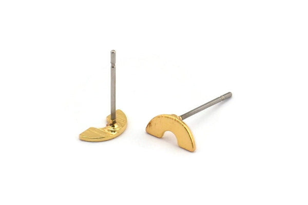Gold Geometric Earring, 12 Textured Gold Plated Brass Tiny Semi Circle Stud Earrings (8x4x0.80mm) M02068 A2553