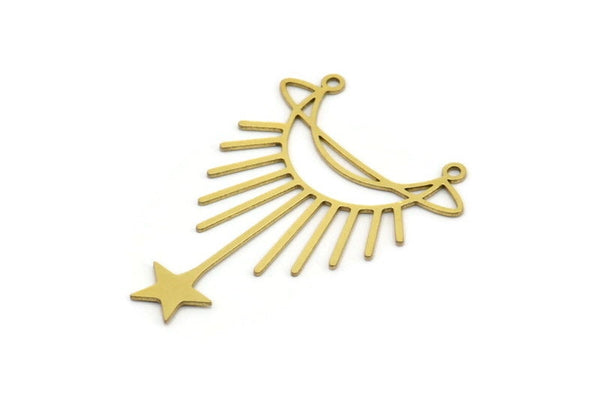 Brass Moon Charm, 8 Raw Brass Crescent Moon And Star Shaped Charms With 2 Loops, Charm Findings (41x30x0.60mm) A4578