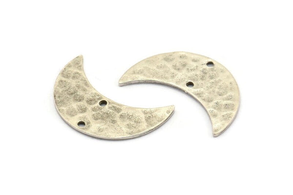 Silver Moon Charm, 2 Hammered Antique Silver Plated Brass Moons With 2 Holes, Necklace Horn Charm (26x10x1mm) N0975