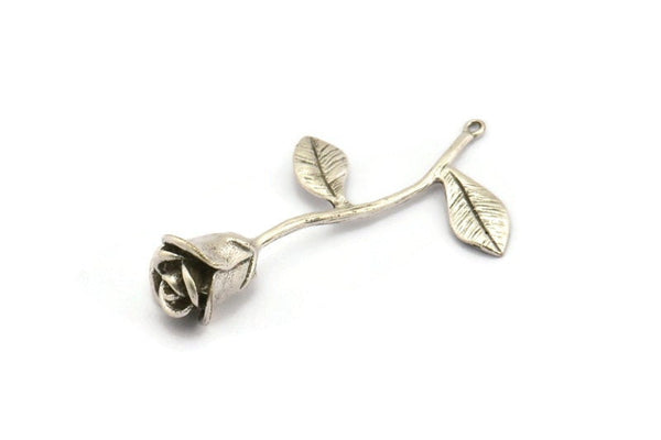 Silver  Rose Charm, 2 Antique Silver Plated Brass Flower Charms With 1 Loop, Pendants, Findings (39mm) N1200