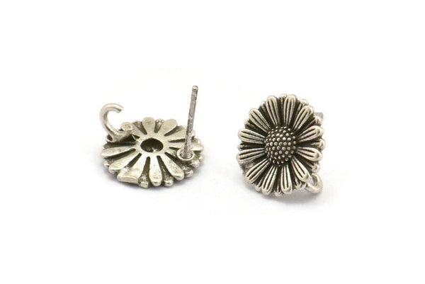 Silver Flower Earring, 4 Antique Silver Plated Brass Flower Stud Earrings With 1 Loop (12mm) N1224