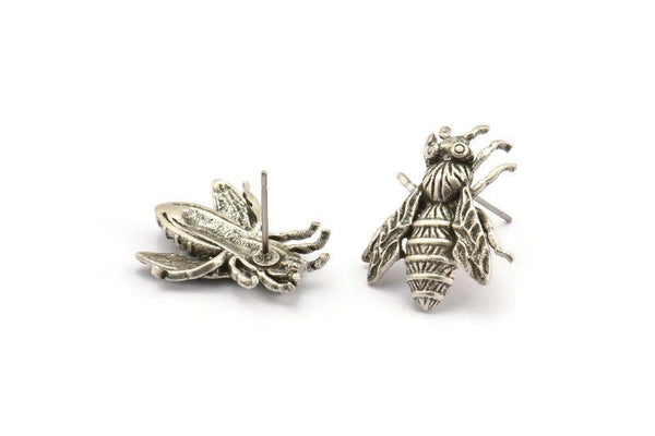 Silver Bee Earring, 2 Antique Silver Plated Brass Bee Stud Earrings (22x20mm) N0916