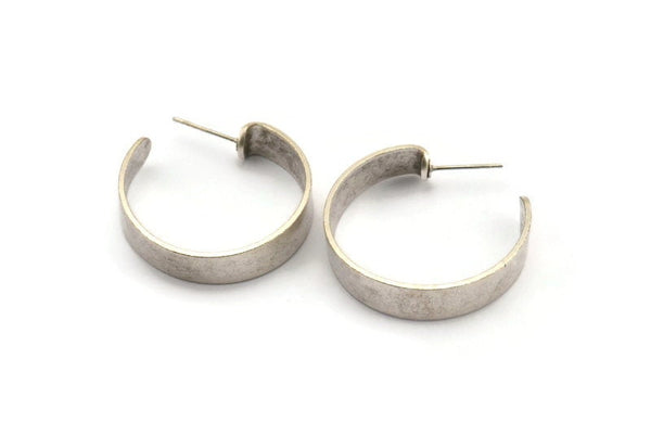 Silver Geometric Earring, 2 Antique Silver Plated Brass Circle Stud Earrings (32x7x1mm) N1191