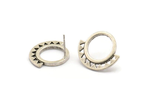 Silver Circle Earring, 2 Antique Silver Plated Brass Circle Stud Earrings (21x18x2mm) N1238