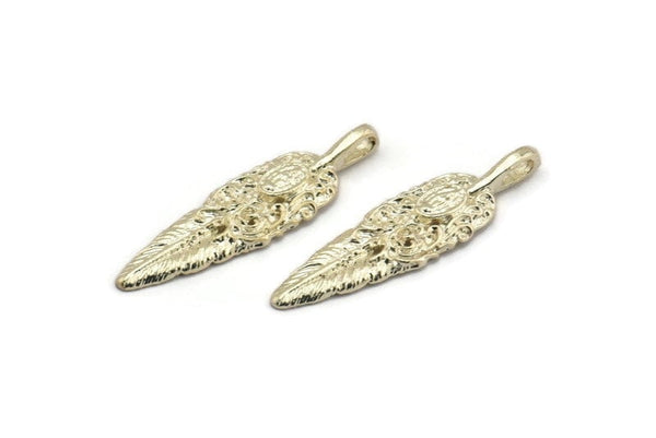 Silver Amazon Leafs, 2 - 925 Sterling Silver Plated Brass Leaf Charms, Tribal Pendants With 1 Holes (32x9.5mm) N0181