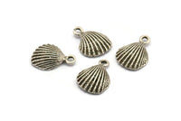 Silver Shell Charm, 4 Antique Silver Plated Brass Sea Shell Charm With 1 Loop, Pendants, Earrings, Findings (16x12mm) N0904