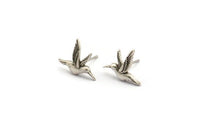 Silver Bird Earring, 6 Antique Silver Plated Brass Bird Stud Earrings (15x13mm) N1001 Q0968