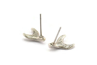Silver Fish Tail Earring, 8 Antique Silver Plated Brass Fish Tail Stud Earrings (12x10mm) N1083