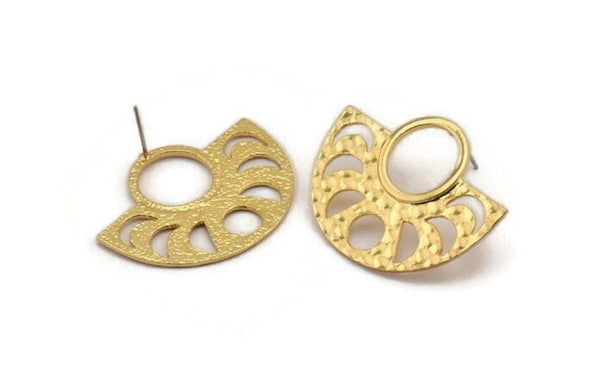 Moon Phases Earring, 2 Gold Plated Brass Semi Circle Stud Earrings (38x30x1.2mm) N0951