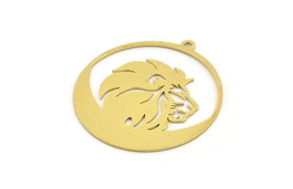 Brass Lion Charm, 4 Raw Brass Lion Shaped Charms With 1 Loop, Pendants, Findings (32x30x0.60mm) A4393