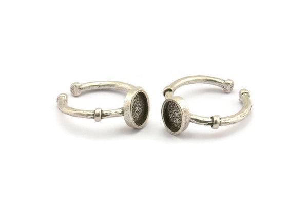 Silver Ring Settings, 2 Antique Silver Plated Brass Oval Ring With 1 Stone Setting - Pad Size 6x8mm N1558