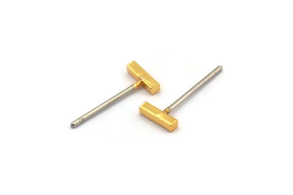 Rectangle Bar Stud, 8 Gold Plated Brass Flat Bar Stud With Stainless Steel Earring Posts, Ear Studs (6x14mm) E340