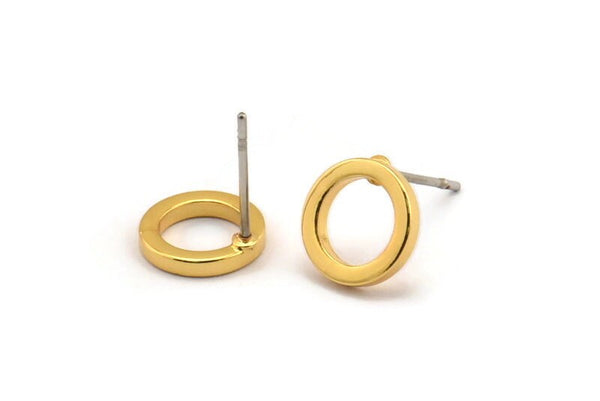 Gold Circle Earring, 6 Gold Plated Brass Circle Stud Earrings (9x1.5mm) D0547 A2041