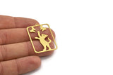 Brass Cat Charm, 4 Raw Brass Cat And Butterfly Patterned Rectangle Shaped Charms With 1 Loop, Earring Findings (38x25x0.60mm) A4516