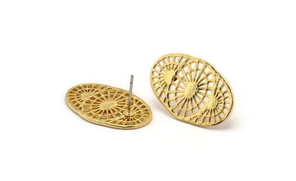 Gold Oval Earring, 2 Gold Plated Brass Oval Stud Earrings (26x16x1mm) N1134